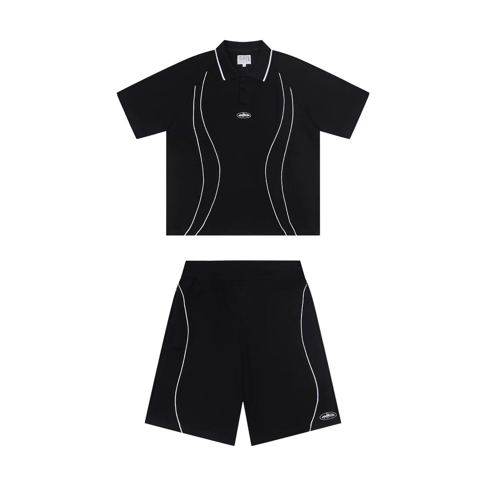 Trendy Corteiz Devil's Island Splicing Line Polo Shirt Short Sleeve T-shirt Loose Casual Sports Shorts Set
