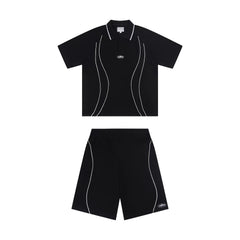 Trendy Corteiz Devil's Island Splicing Line Polo Shirt Short Sleeve T-shirt Loose Casual Sports Shorts Set