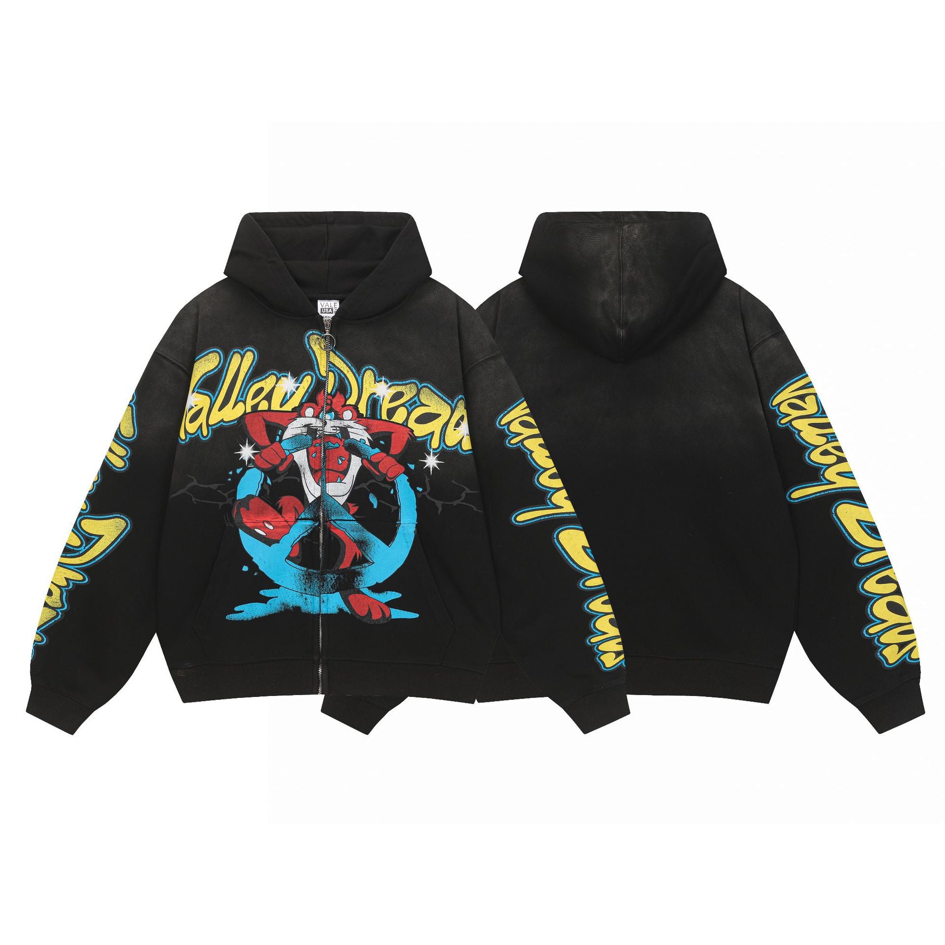 Vale Forever Black Vintage Cartoon Zip‑Up Hoodie