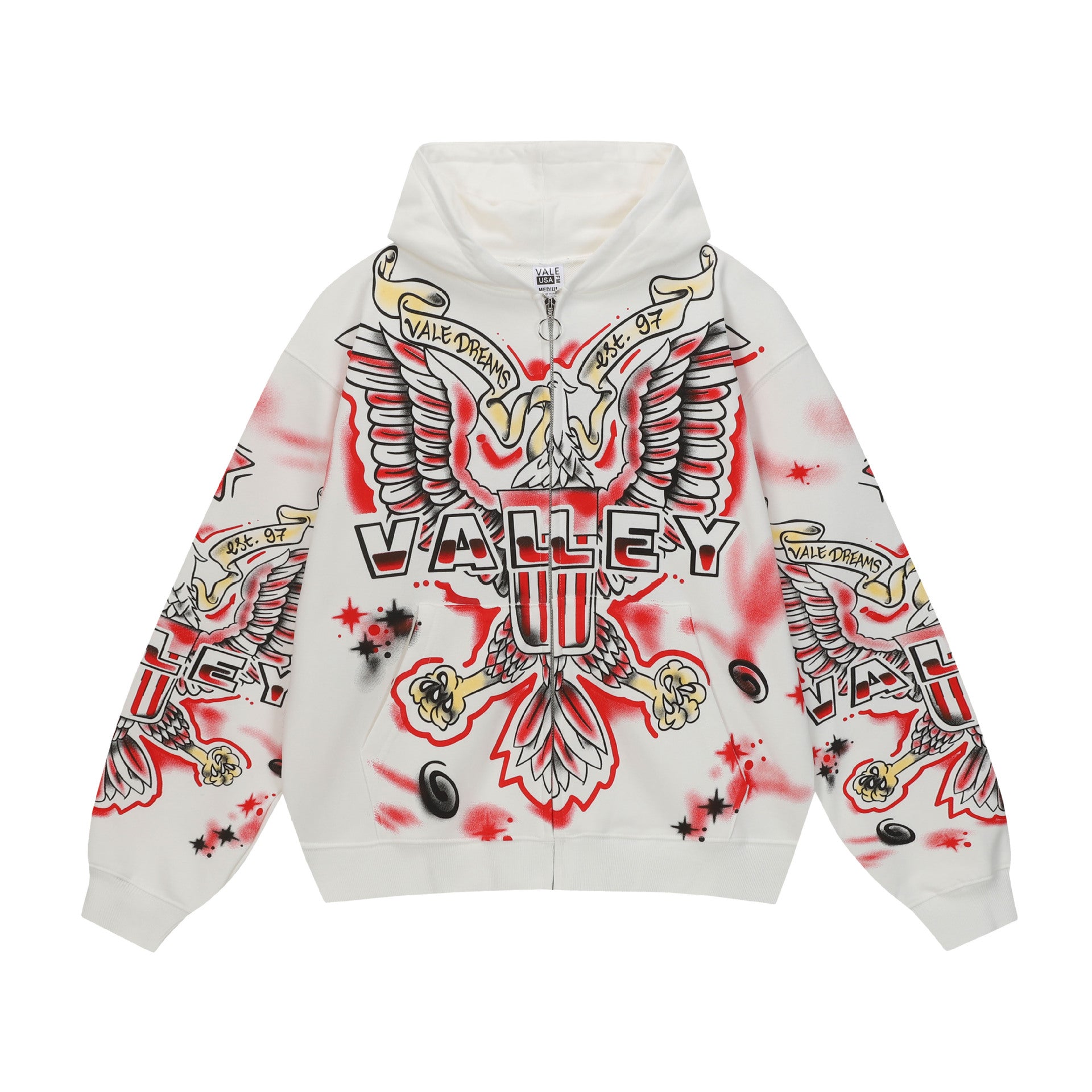 Vale Forever Off‑White Tattoo Print Zip‑Up Hoodie