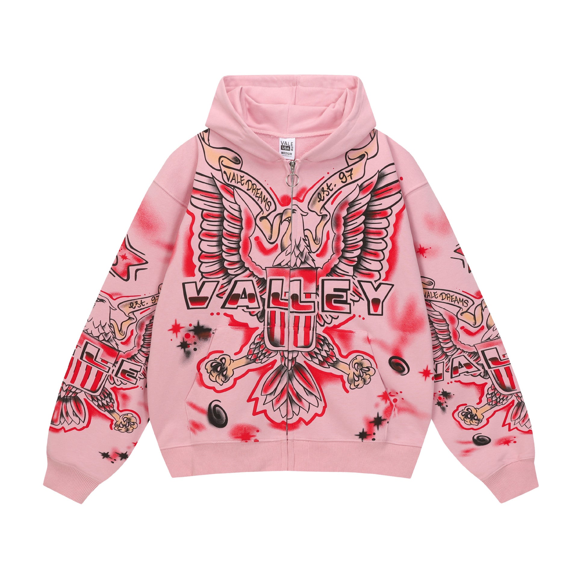 Vale Forever Pink Tattoo Print Zip‑Up Hoodie