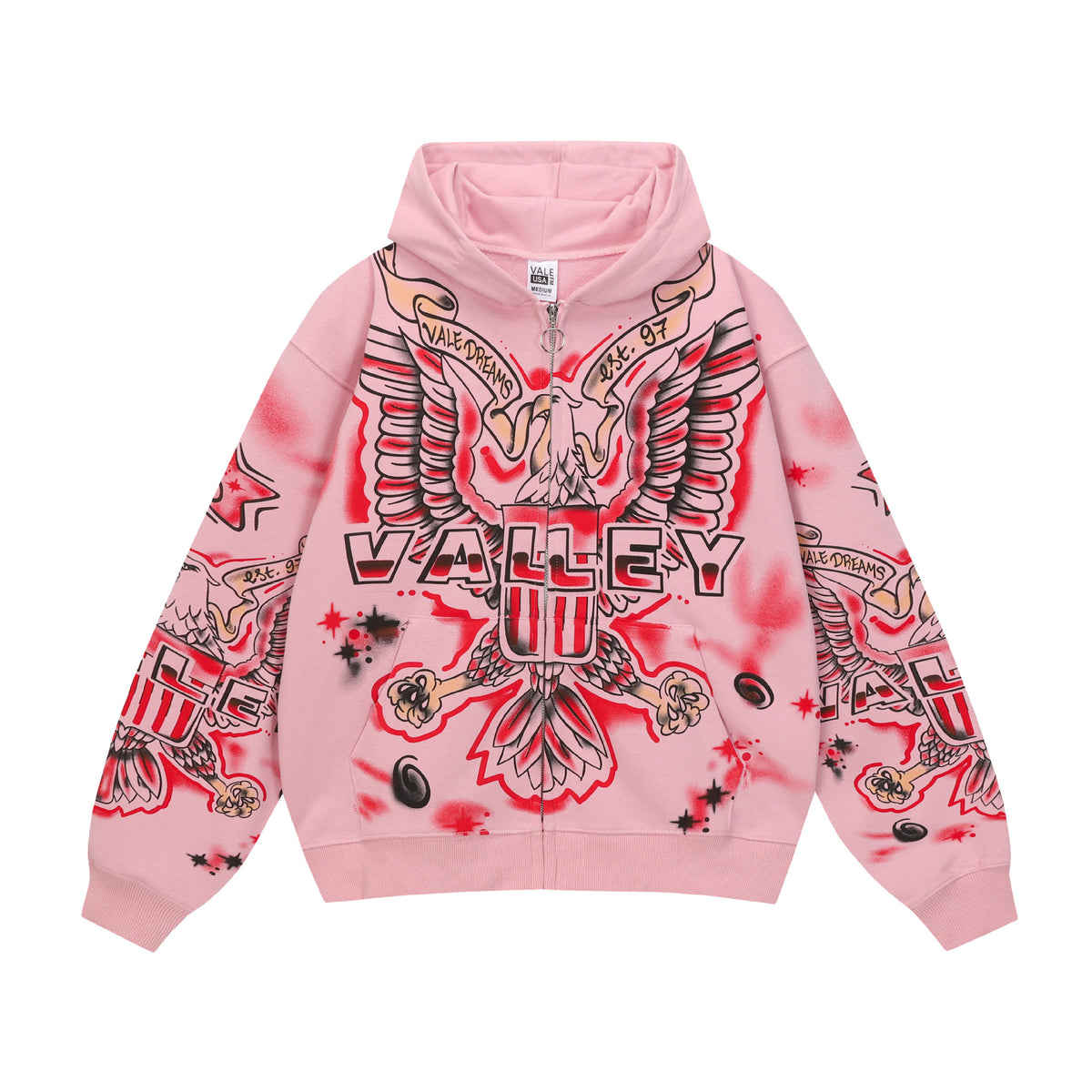 Vale Forever Pink Tattoo Print Zip‑Up Hoodie