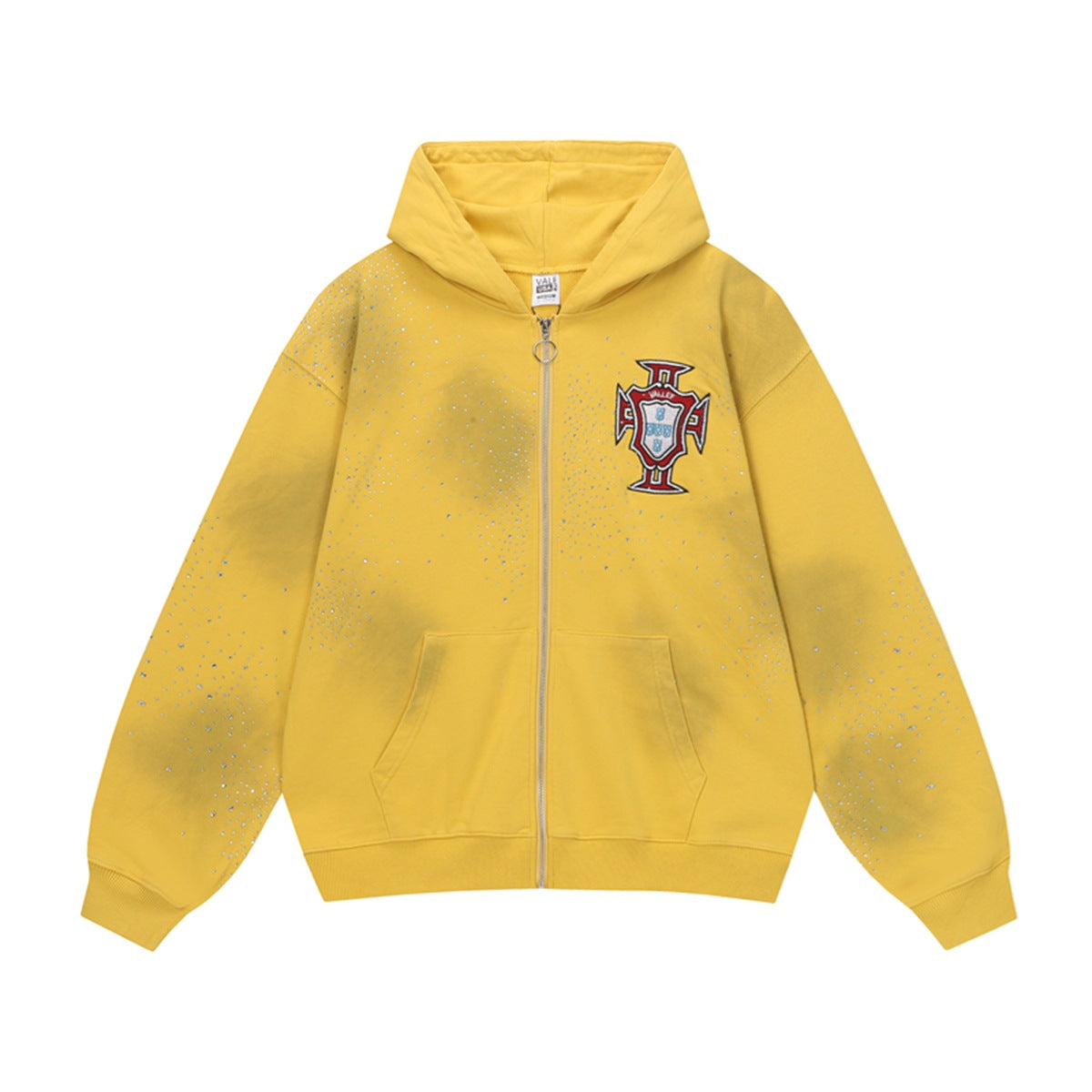 Vale Forever Yellow Rhinestone Oversized Zip‑Up Hoodie