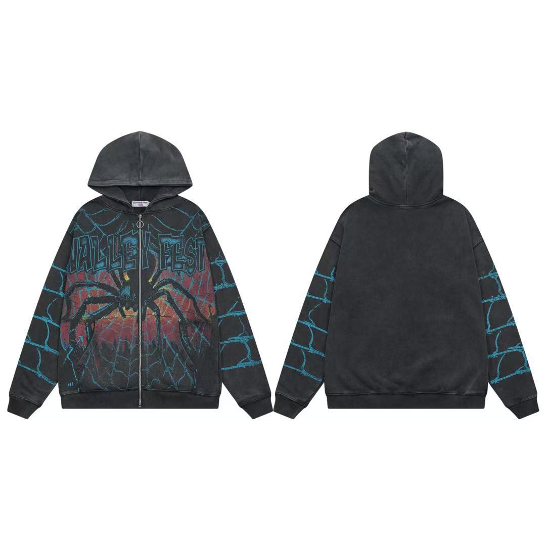 Vale Forever Spider Web Vintage Zip‑Up Hoodie