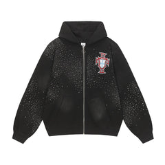 Vale Forever Black Rhinestone Oversized Zip‑Up Hoodie