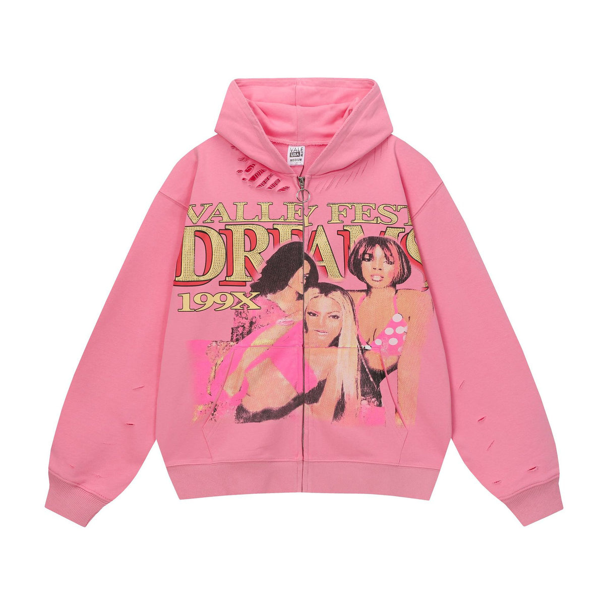 Vale Forever Pink Distressed Y2K Zip‑Up Graphic Hoodie