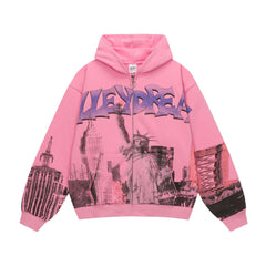 Vale Forever Pink NYC Graphic Oversized Zip‑Up Hoodie