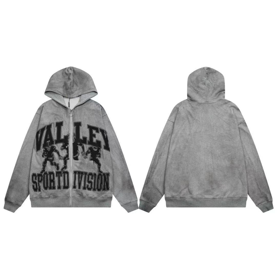 Vale Forever Grey Varsity Football Vintage Zip‑Up Hoodie