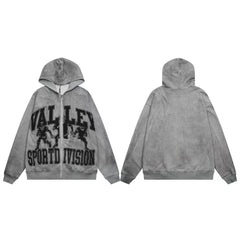 Vale Forever Grey Varsity Football Vintage Zip‑Up Hoodie