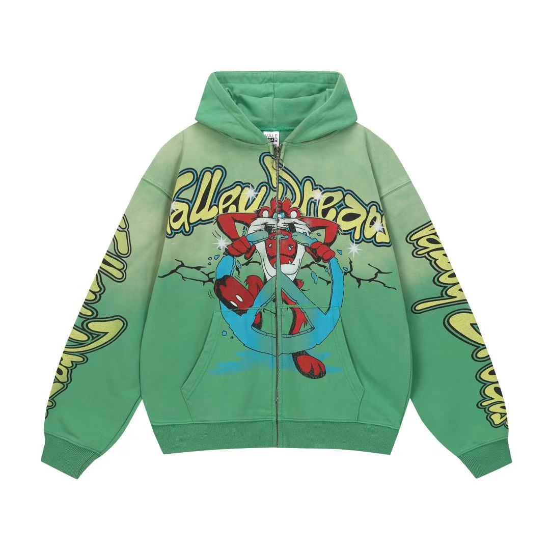 Vale Forever Green Cartoon Graffiti Vintage Zip‑Up Hoodie