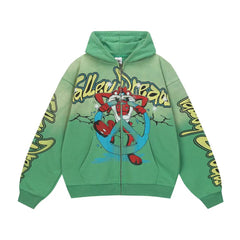 Vale Forever Green Cartoon Graffiti Vintage Zip‑Up Hoodie