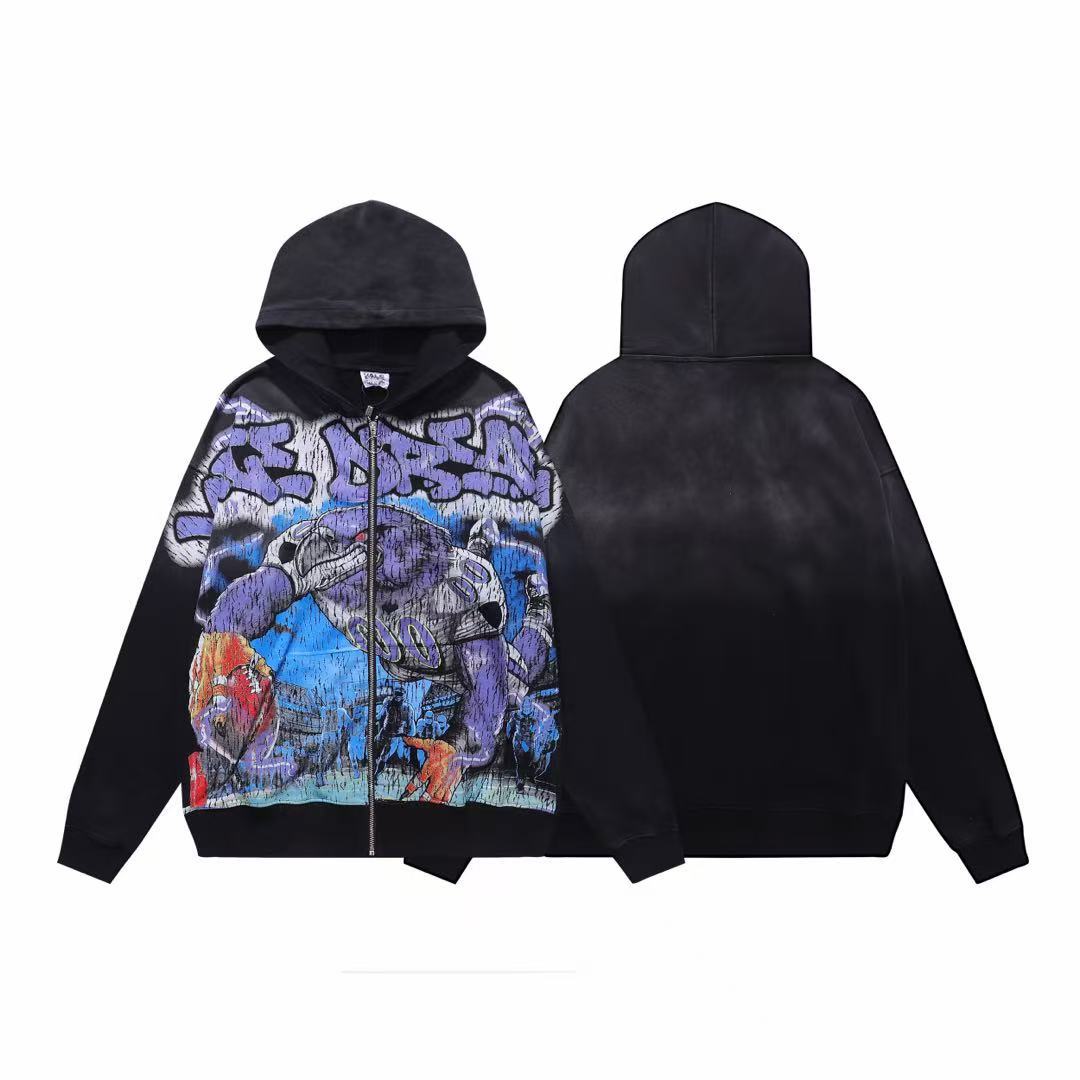 Vale Forever Black Hip‑Hop Graffiti Vintage Zip‑Up Hoodie