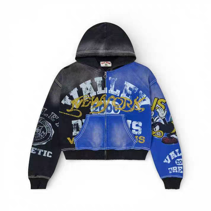 Vale Forever Black‑Blue Retro Cartoon Zip‑Up Hoodie