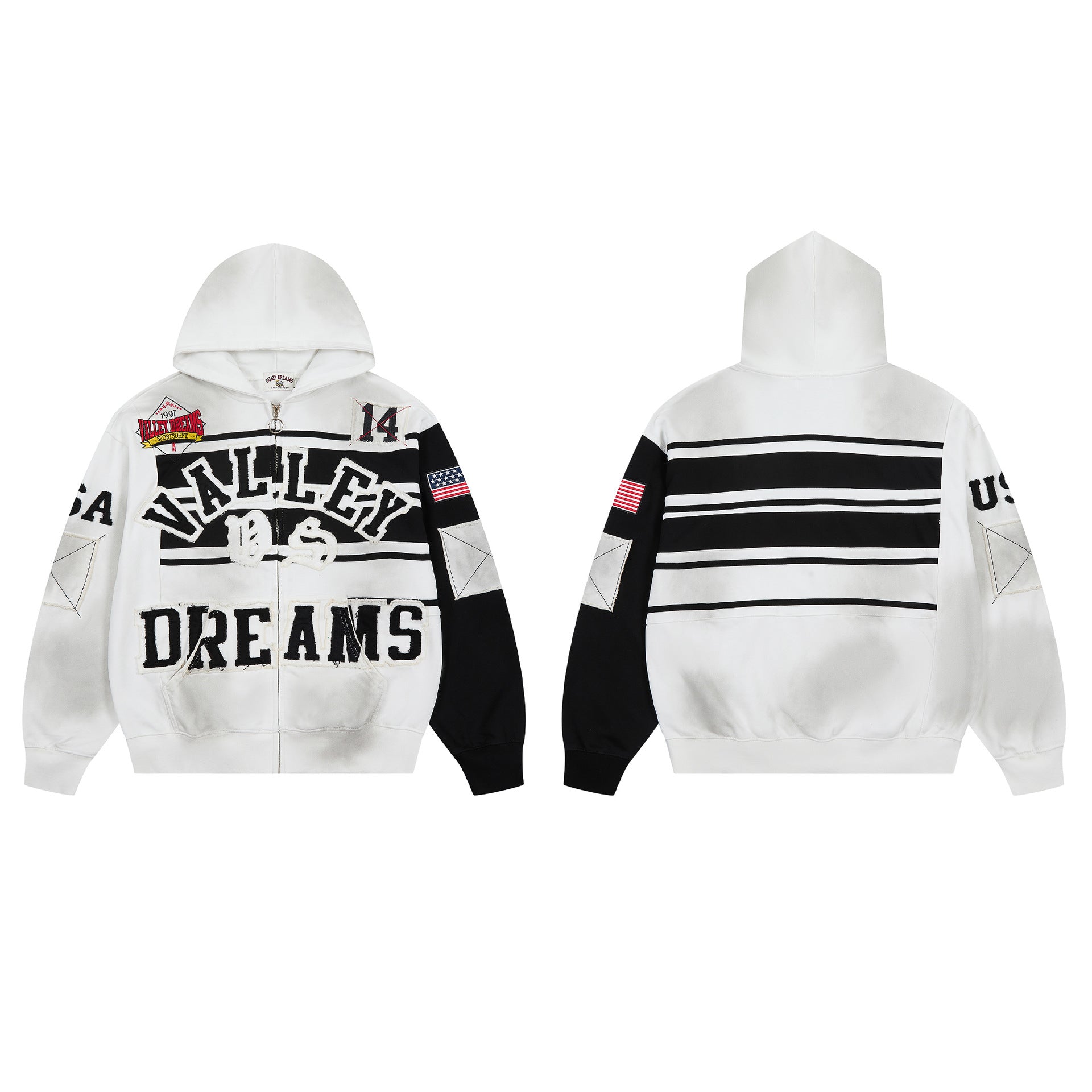 Vale Forever Varsity Patch Retro Zip‑Up Hoodie