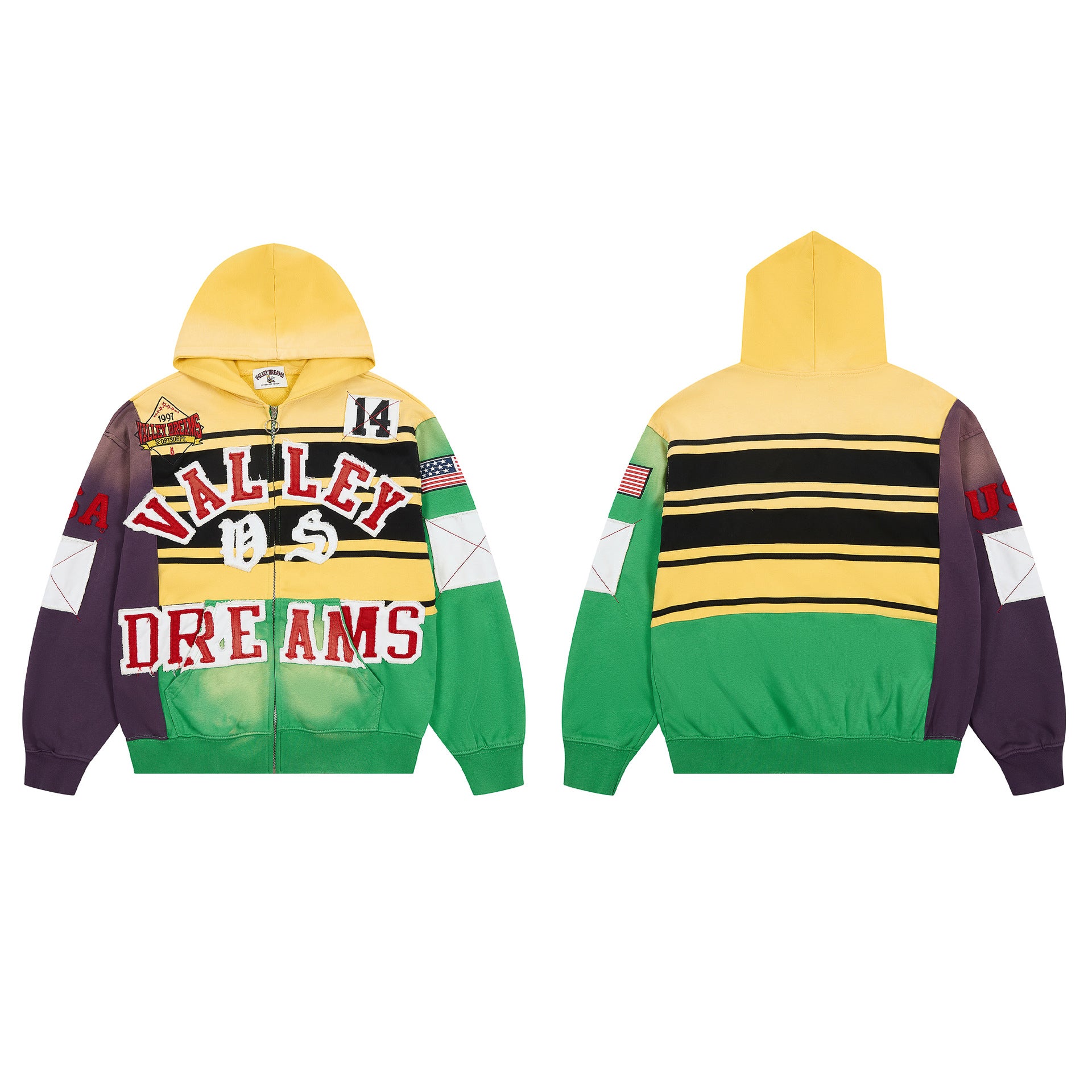 Vale Forever Multi‑Color Varsity Patch Zip‑Up Hoodie