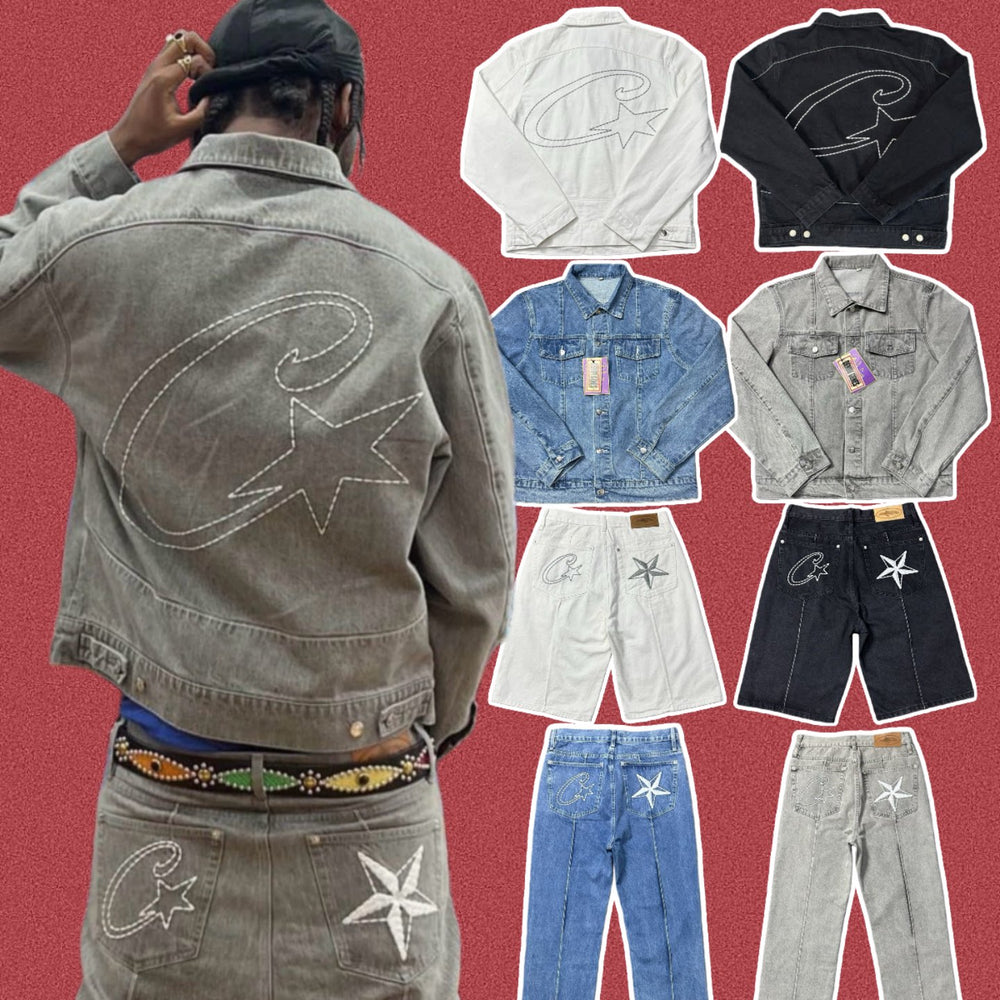 Correct version Corteiz Devil's Island American street retro high street hip-hop embroidered denim jacket set
