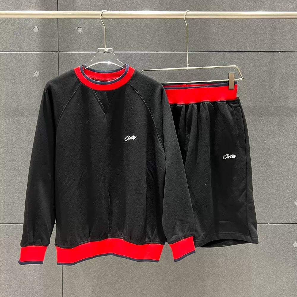 Corteiz Devil's Island Embroidery Letter Splicing Color Contrast and Velvet Round Neck Hoodie Casual Shorts Set ins