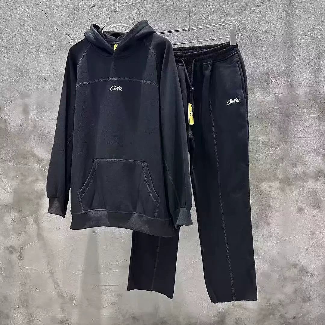 Corteiz tracksuit, trendy high street sports and leisure, embroidered and velvet hooded sweatshirt and pants set ins