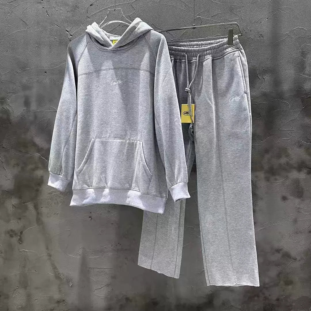 Corteiz tracksuit, trendy high street sports and leisure, embroidered and velvet hooded sweatshirt and pants set ins
