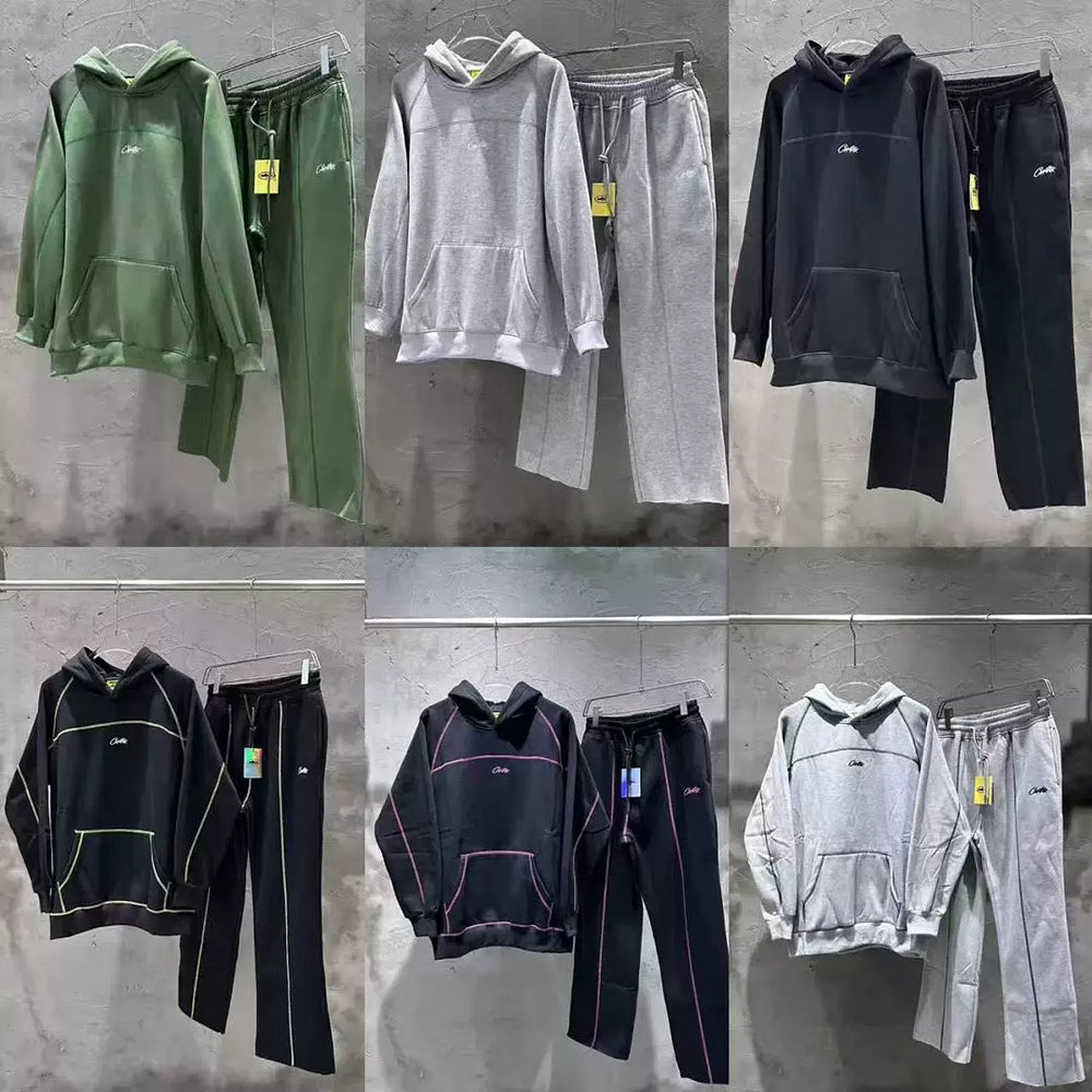 Corteiz tracksuit, trendy high street sports and leisure, embroidered and velvet hooded sweatshirt and pants set ins