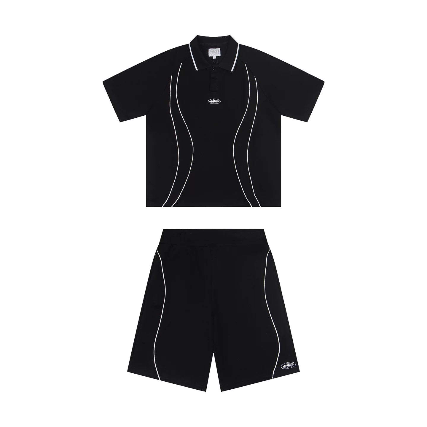 Trendy Corteiz Devil's Island Splicing Line Polo Shirt Short Sleeve T-shirt Loose Casual Sports Shorts Set