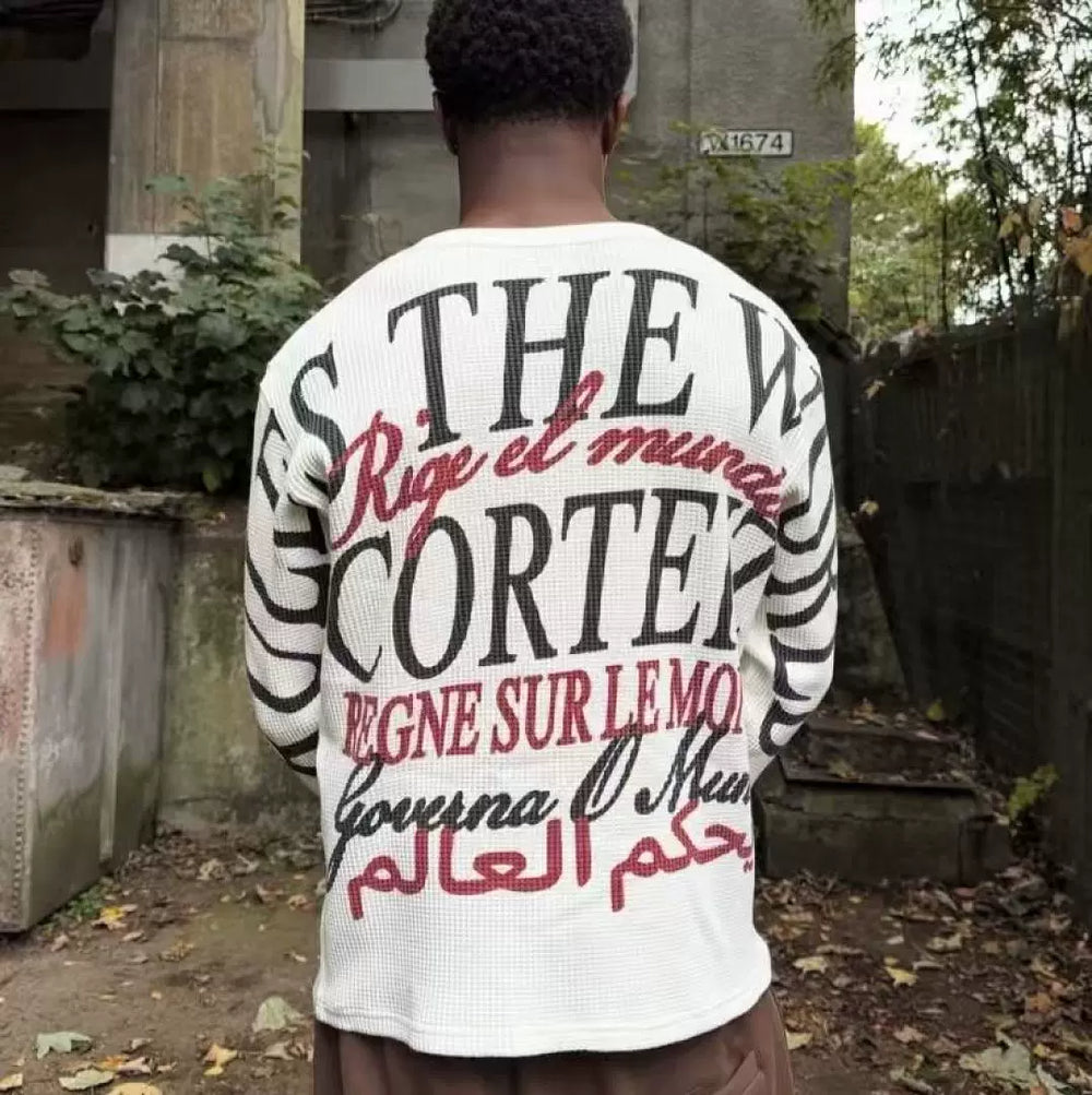 Corteiz Devil's Island American Street Letter Printed Waffle Bottom Shirt Autumn/Winter Men's and Women's Loose Long Sleeve T-shirt