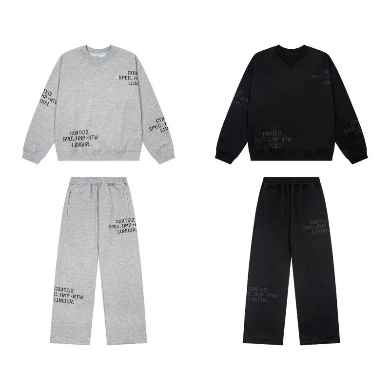 Corteiz Devil's Island Embroidered Letter Printed Velvet Round Neck Hoodie Men's and Women's Casual Pants Set ins