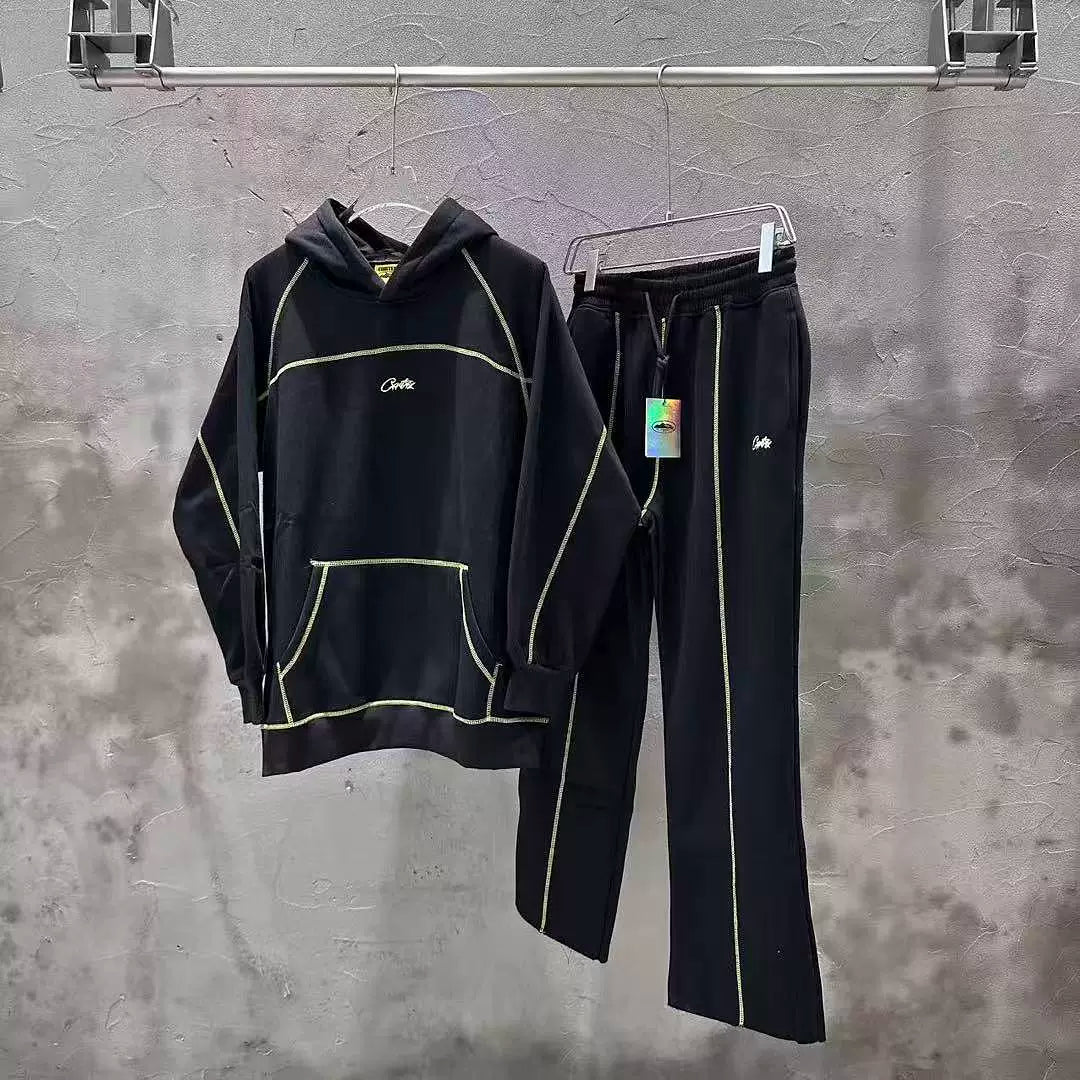 Corteiz tracksuit, trendy high street sports and leisure, embroidered and velvet hooded sweatshirt and pants set ins