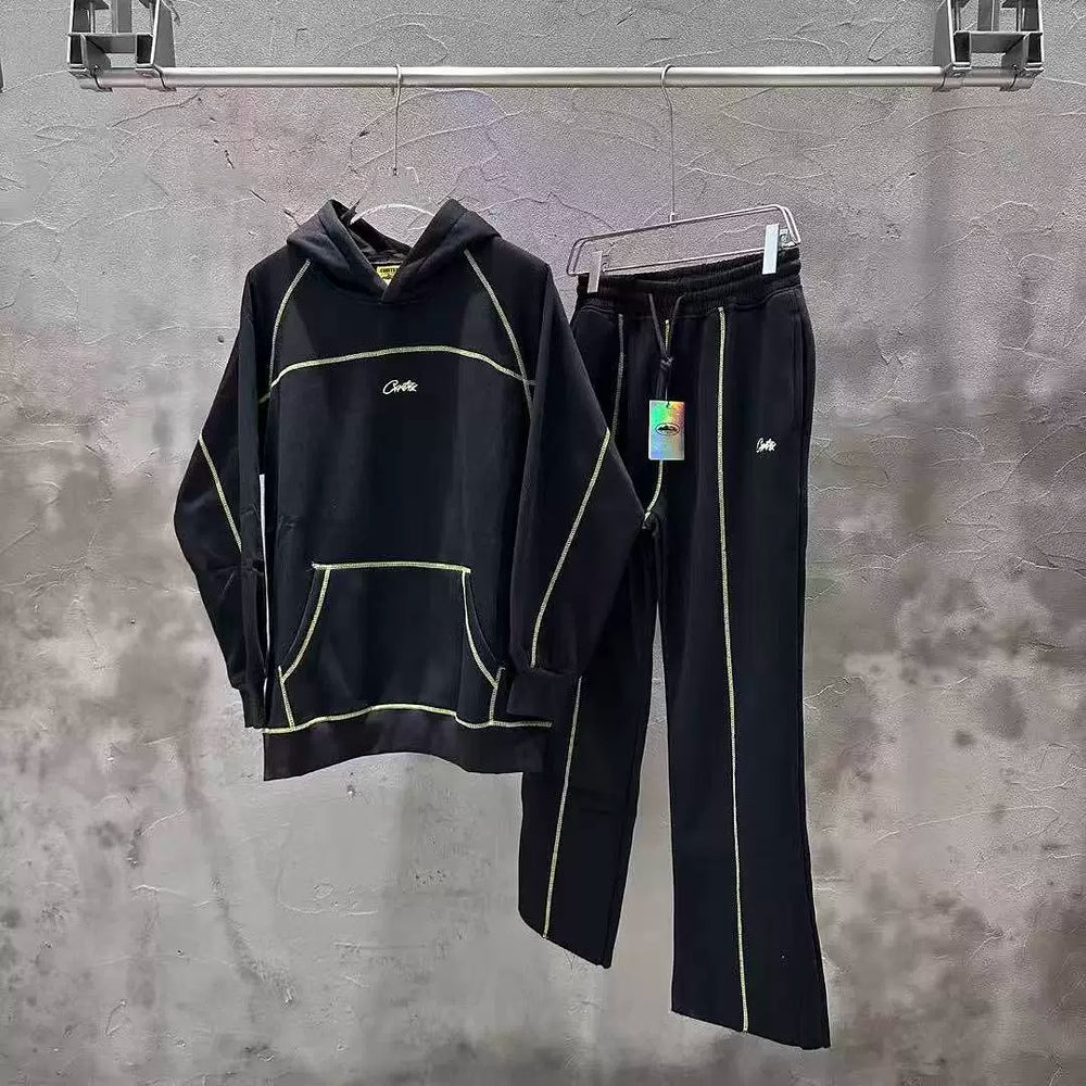 Corteiz tracksuit, trendy high street sports and leisure, embroidered and velvet hooded sweatshirt and pants set ins