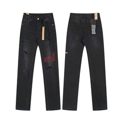 Ksubi Red Logo Distressed Black Straight Denim Jeans