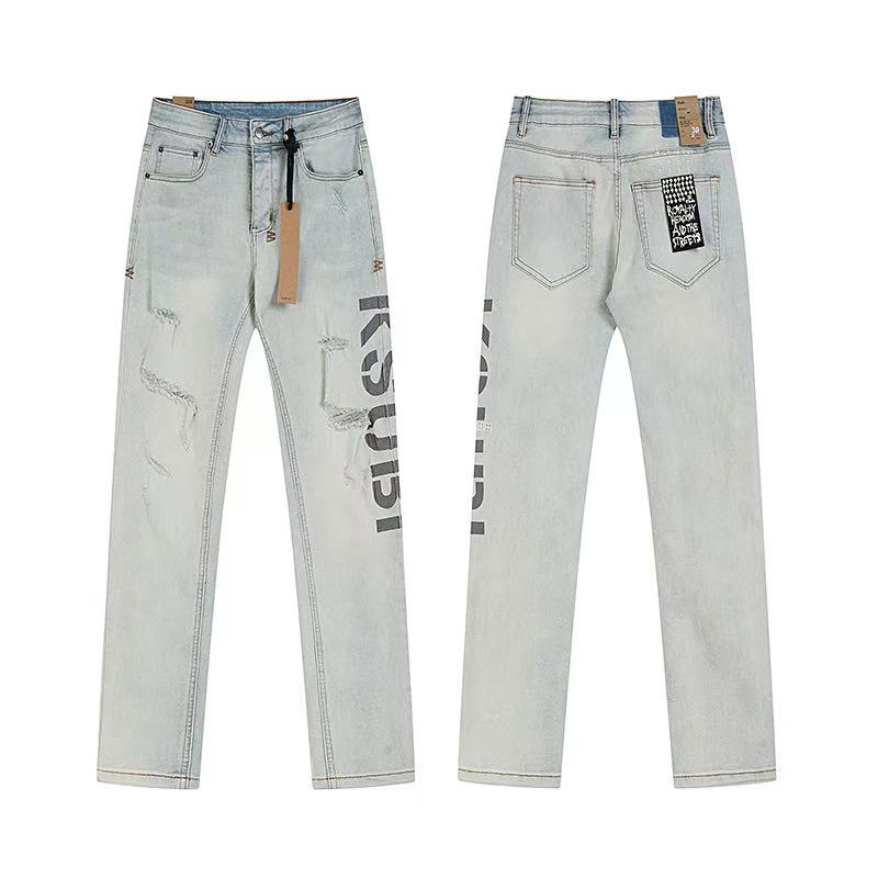 Ksubi Light Wash Logo Distressed Straight Denim Jeans