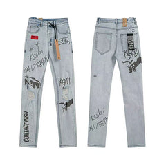 Ksubi Graffiti Full‑Print Light Wash Distressed Straight Jeans