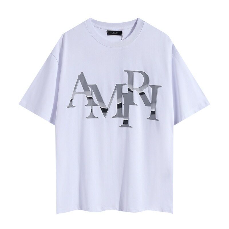 AMIRI Futuristic Metallic Mirror Logo Luxury Street‑wear T‑Shirt