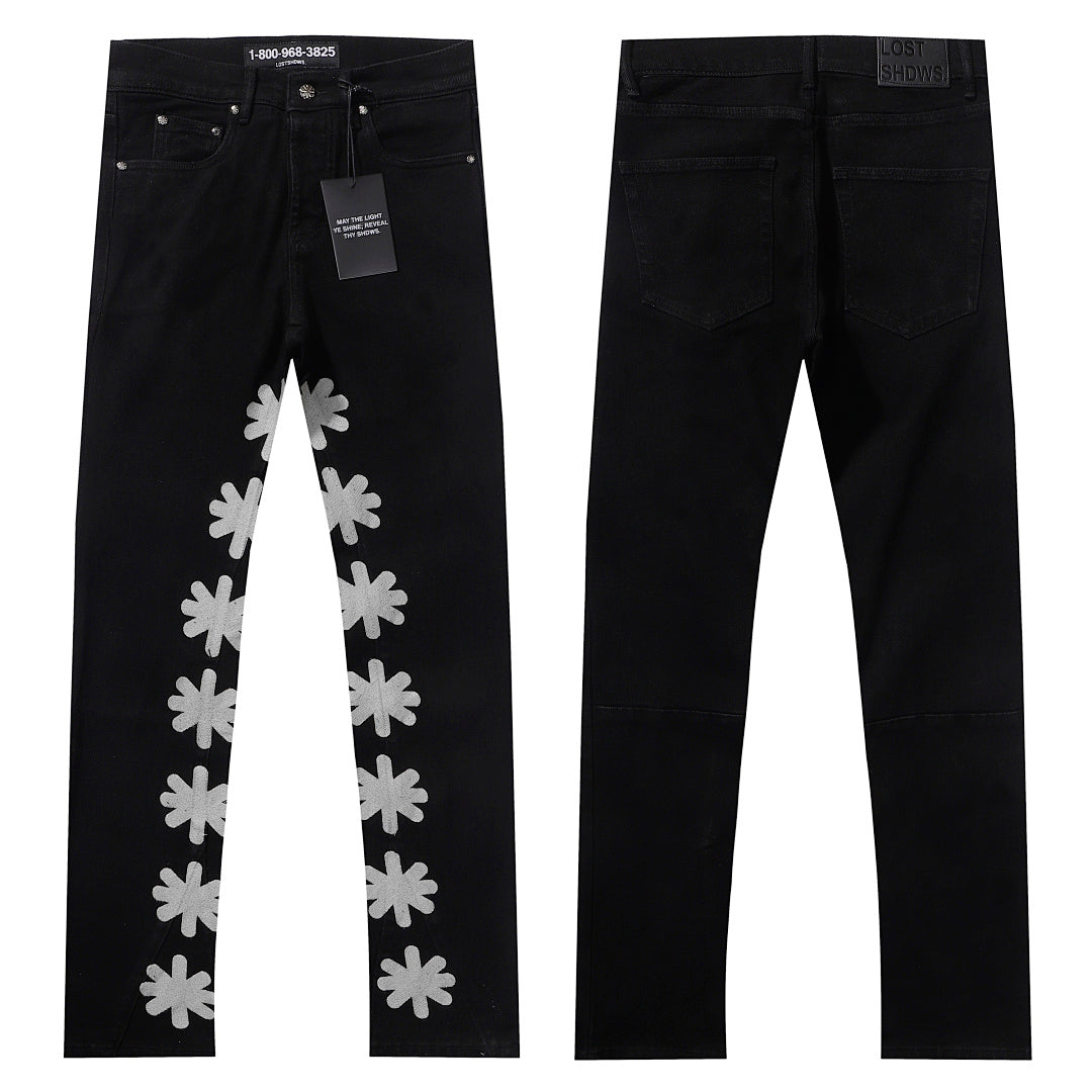 LOST SHDWS Floral Flared Black Denim Pants