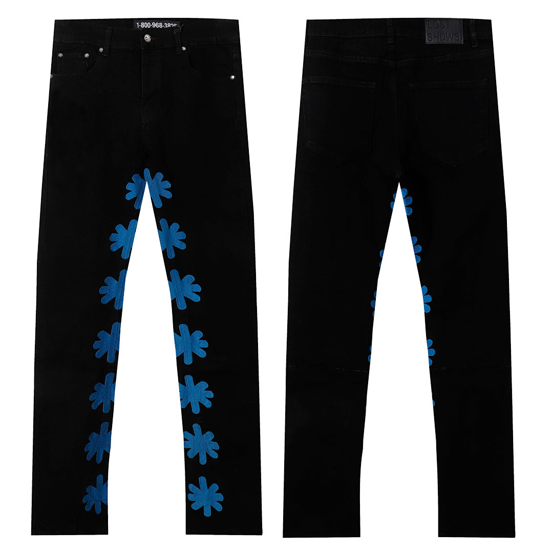 LOST SHDWS Blue Floral Applique Black Flare Jeans