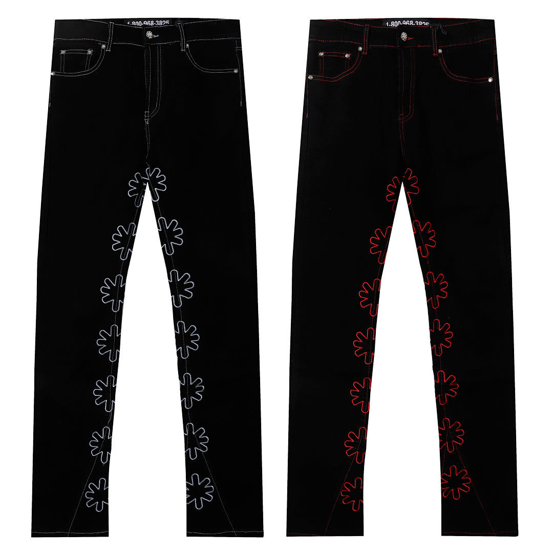 LOST SHDWS Contrast Stitch Outline Floral Black Flare Jeans