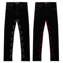 LOST SHDWS Contrast Stitch Outline Floral Black Flare Jeans