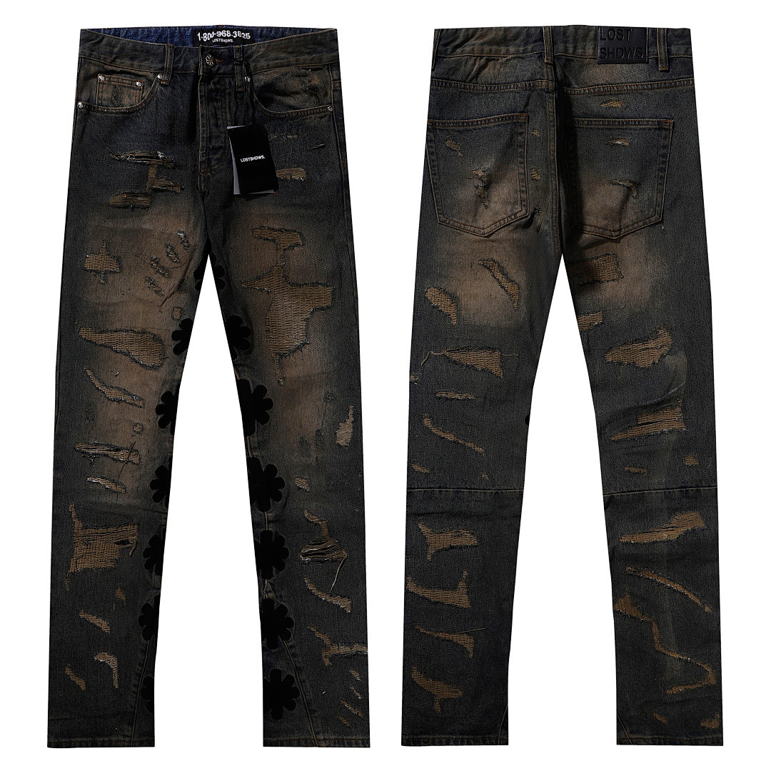 LOST SHDWS Grunge Distressed Floral Flare Streetwear Jeans
