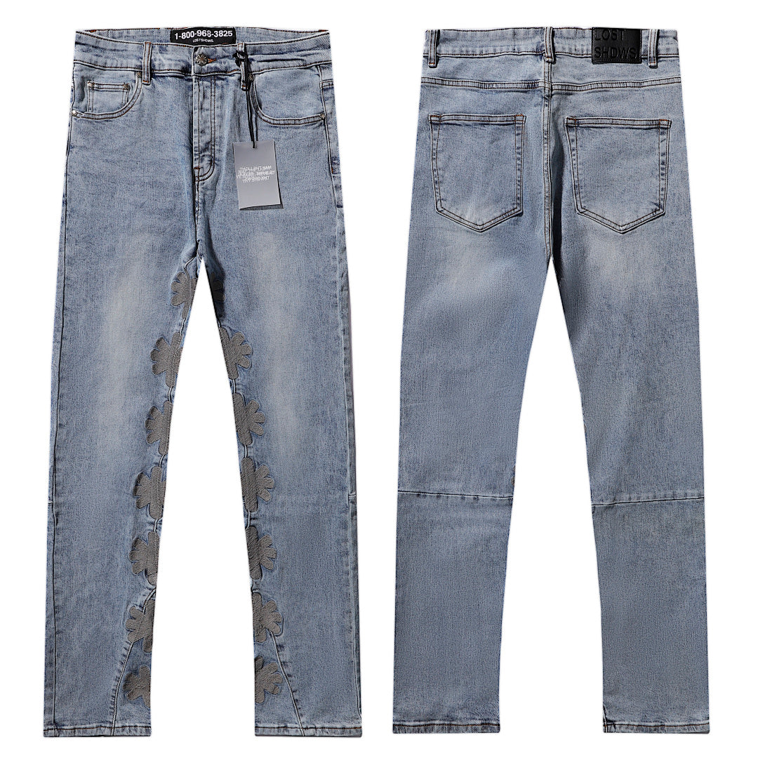 LOST SHDWS Floral Side Applique Light Wash Flare Jeans