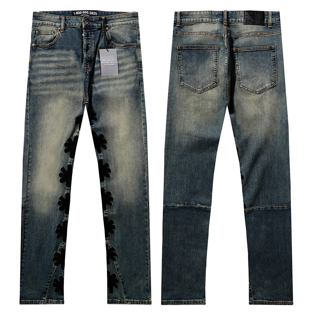 LOST SHDWS Bold Black Floral Flare Streetwear Jeans