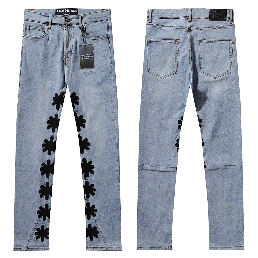 LOST SHDWS Black Floral Applique Light Wash Flare Jeans