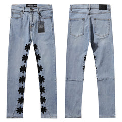 LOST SHDWS Black Floral Applique Light Wash Flare Jeans