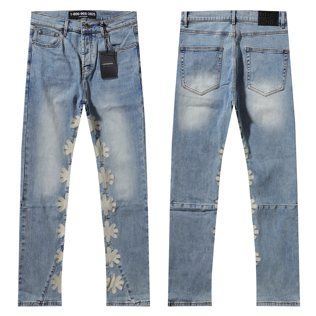 LOST SHDWS Vintage Off‑White Floral Flare Streetwear Jeans