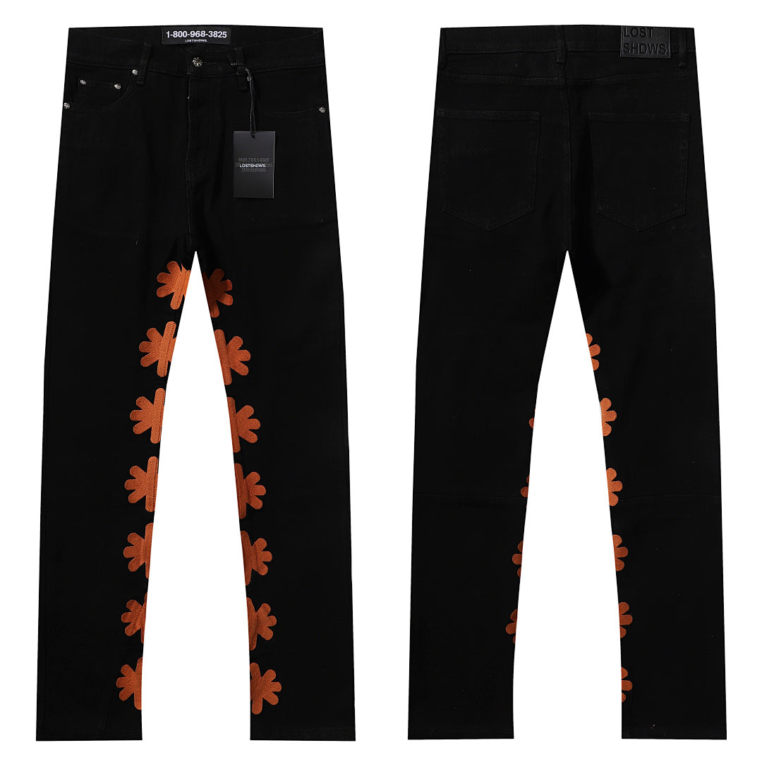 LOST SHDWS Floral Flared Black Denim Pants