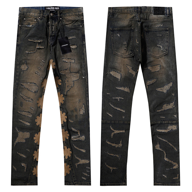 LOST SHDWS Grunge Tan Floral Distressed Flare Streetwear Jeans
